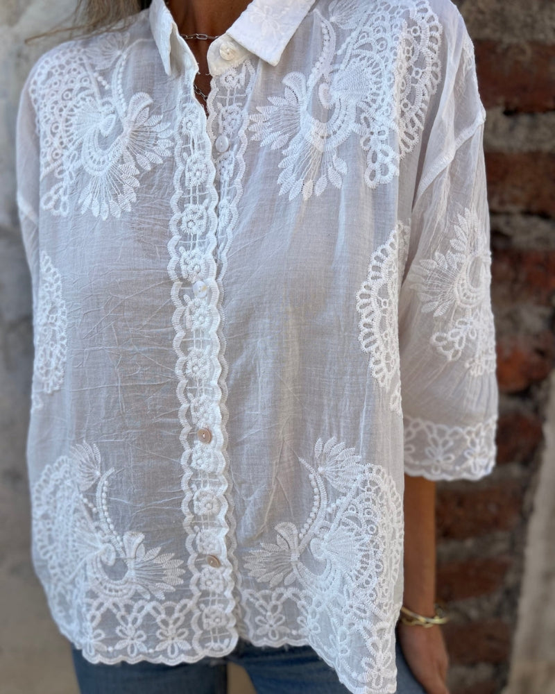 Blusa De Encaje Bordado Elegante Para Mujer