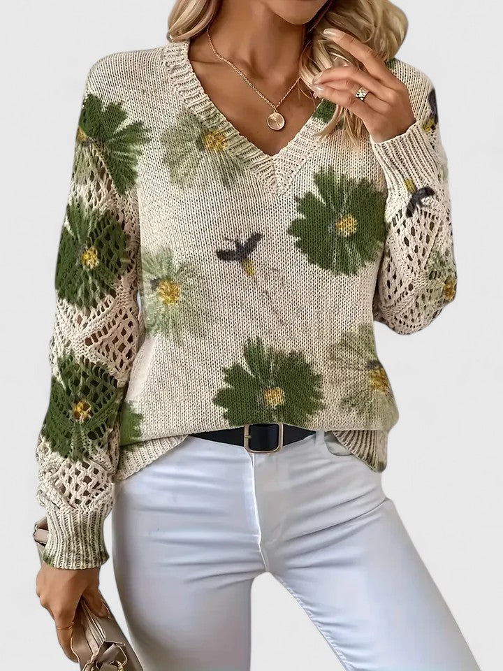 Jersey Elegante con Estampado Floral y Mangas Aireadas