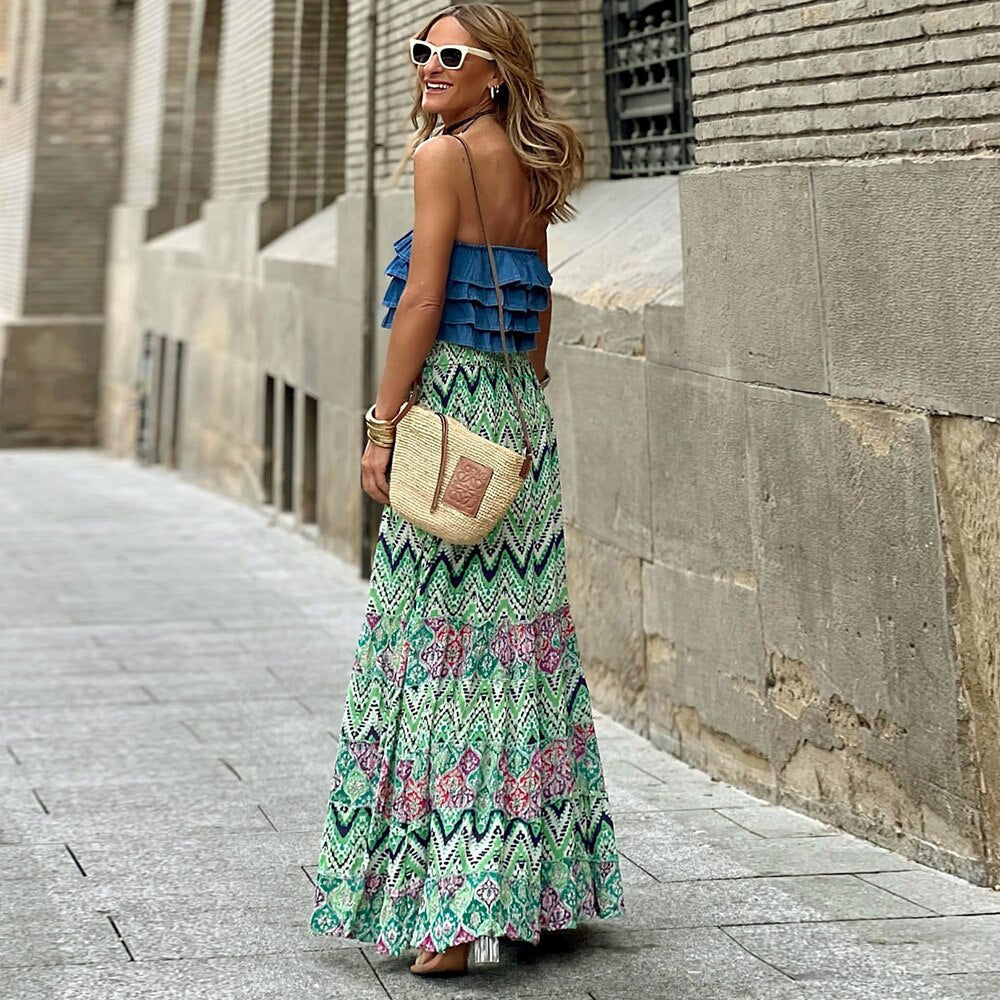 Falda larga con estampado floral y cintura alta